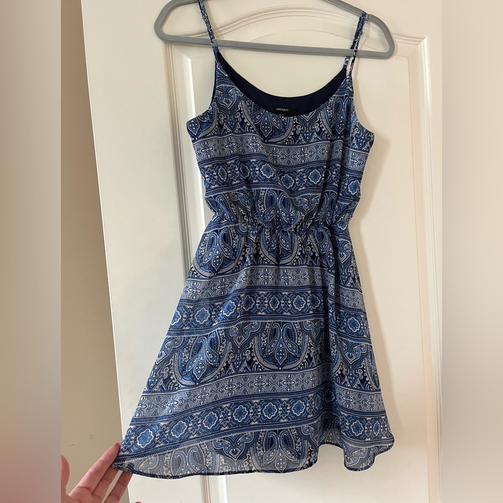 Forever 21 Mixed Blue Pattern Mini Dress with spaghetti straps Women’s size S - Picture 4 of 11
